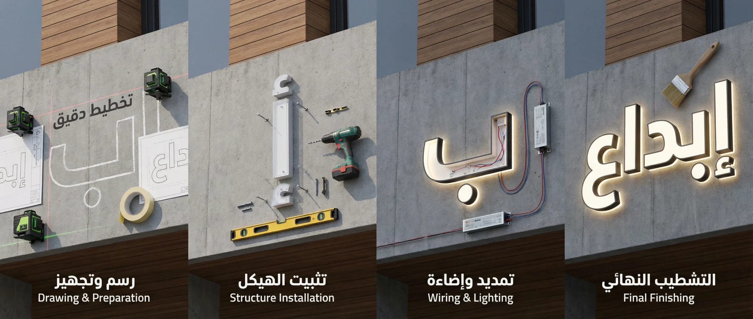 Steps for raised letter installation on the facade Steps for raised letter installation on the facade